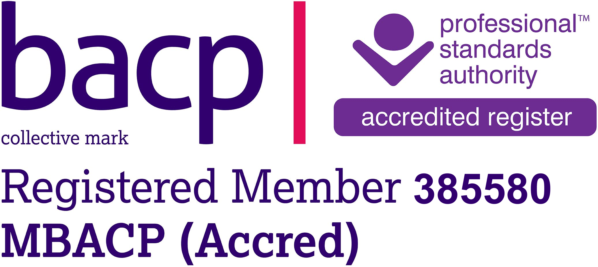 BACP registered member 385580, MBACP (Accred); Professional Standards Authority accredited register